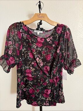 PerSeption Concept Black Floral Wrap Top with Fuchsia Rose Print